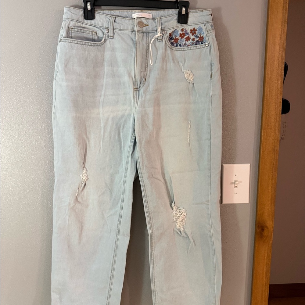 LC Lauren Conrad Light Blue Distressed Jeans with Floral Embroidery